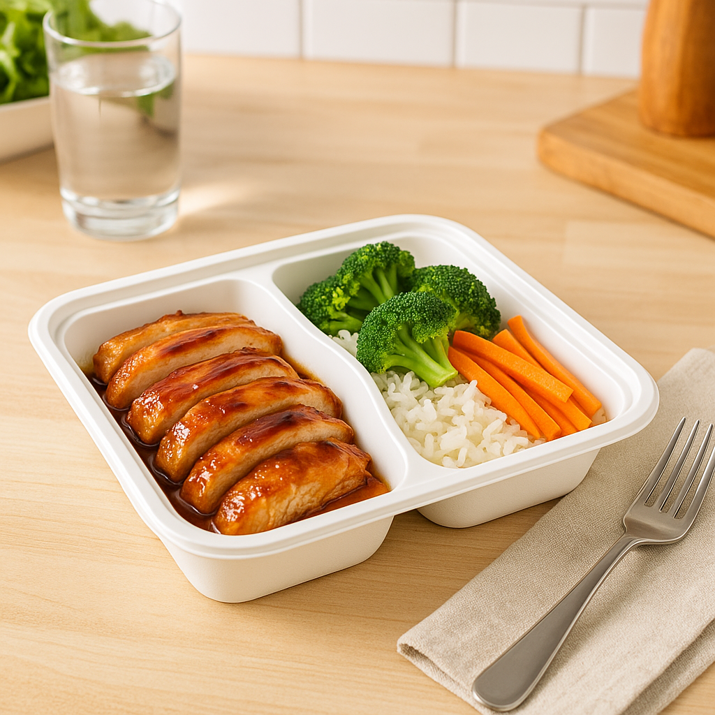 ZS-96232 | 32oz PP White Rectangular Container W/ Vent Lid | 2 Compartment