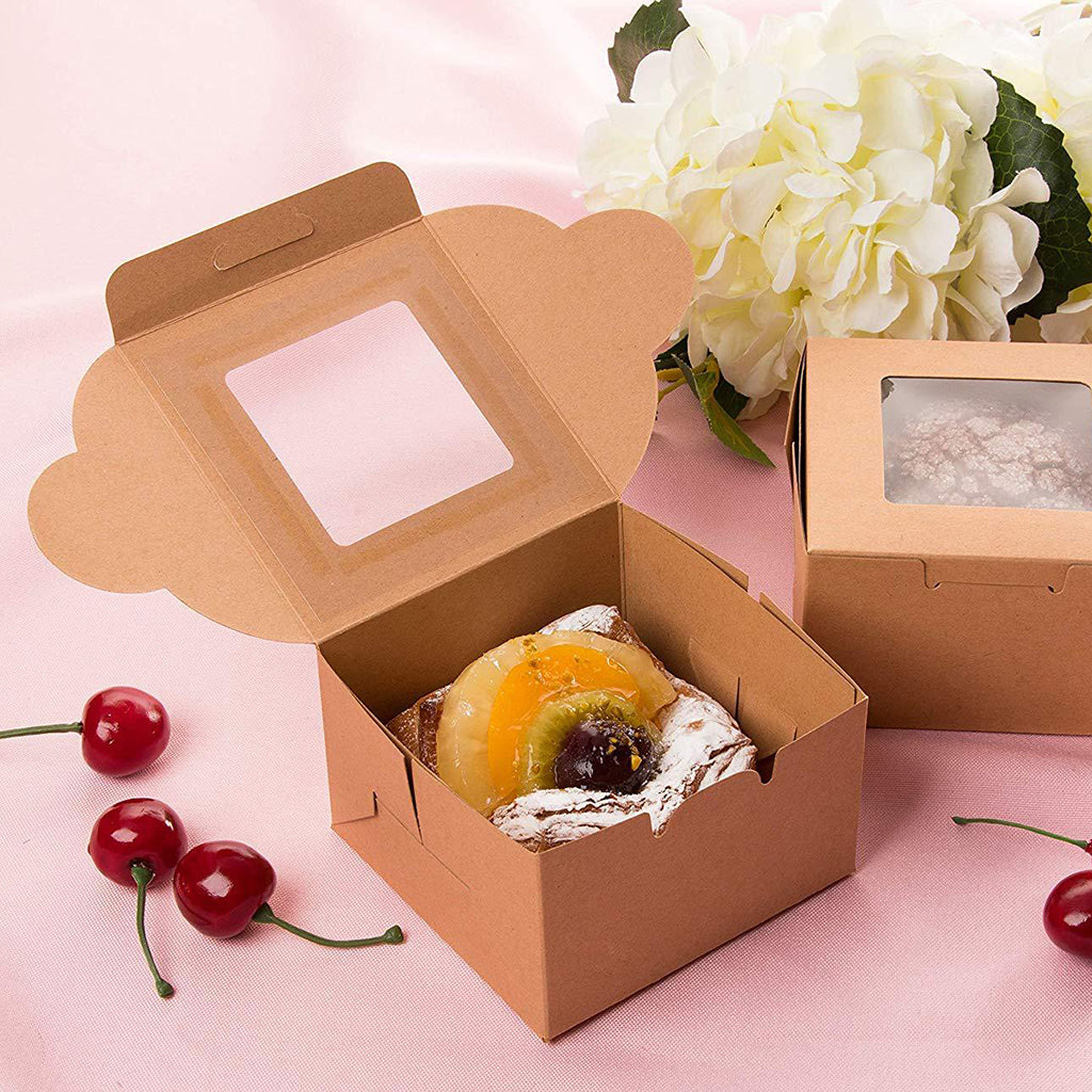 Boîte à pâtisserie carrée en papier Kraft avec fenêtre | 4x4x2,5" - 100 pièces