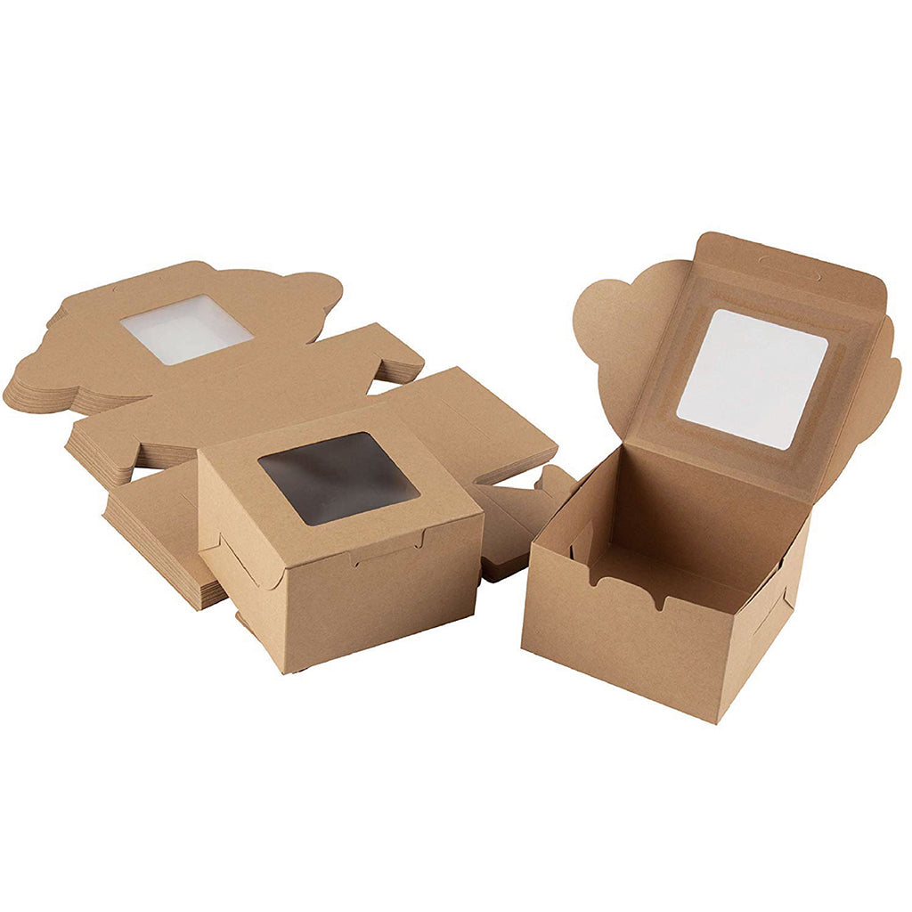 Boîte à pâtisserie carrée en papier Kraft avec fenêtre | 4x4x2,5" - 100 pièces