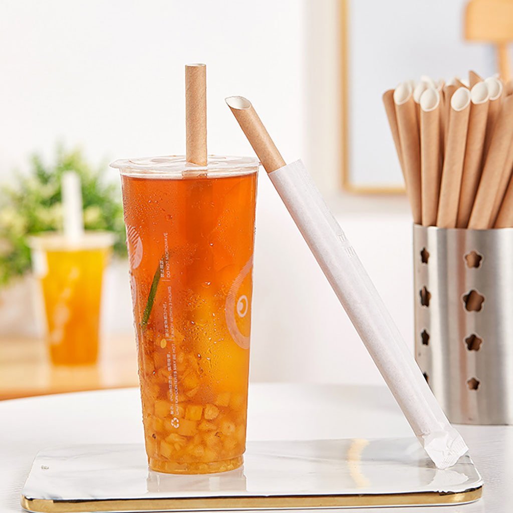 12x230mm diagonal cut kraft paper straws, eco-friendly biodegradable straws for bubble tea - individually wrapped bulk pack