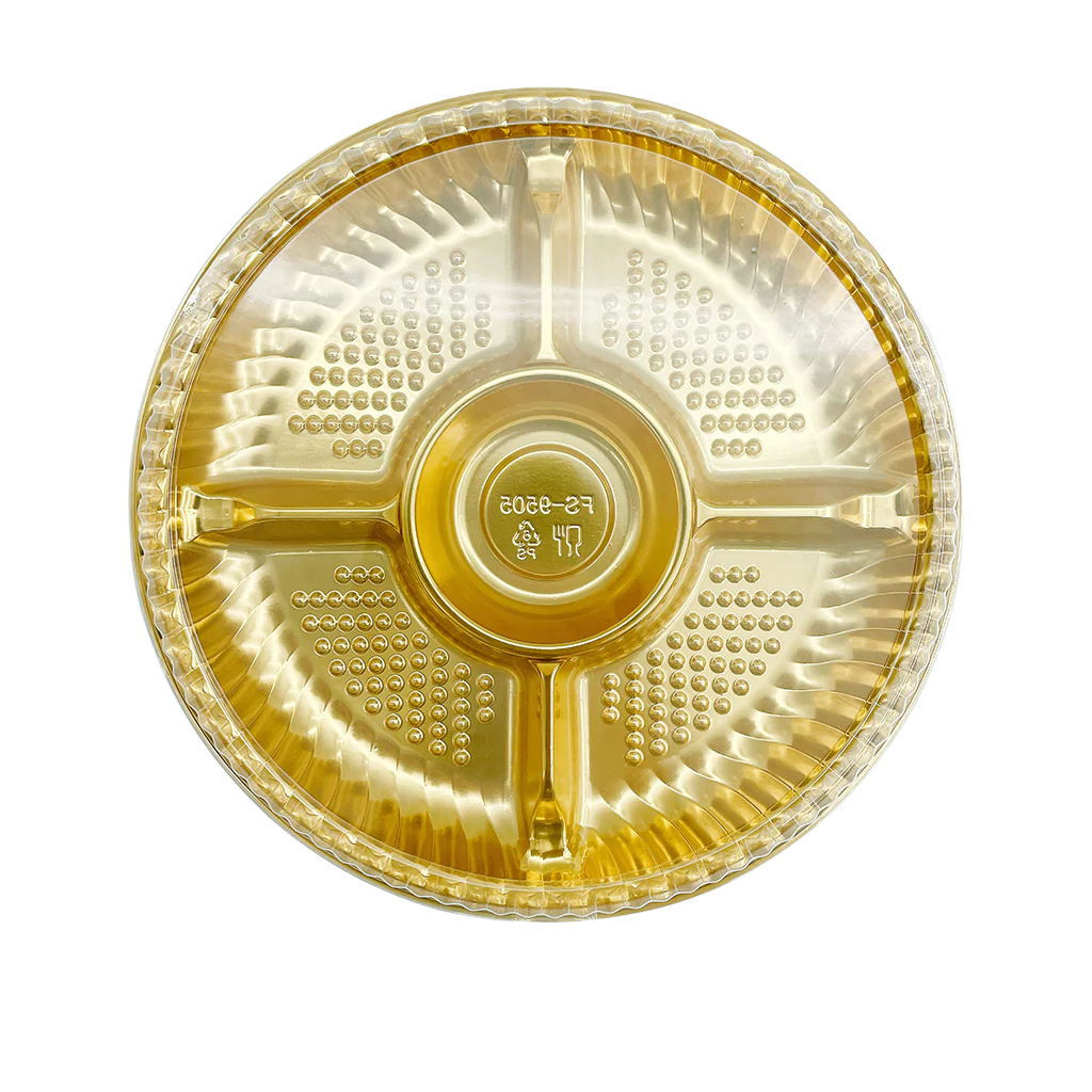 #9505 | Contenant rond doré de 9,5 po avec couvercle transparent | 5 compartiments - 100 ensembles