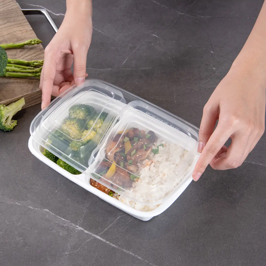 RE-232 | HD 32oz PP White Rectangular Container W/ Lid | 2 Compartment - food dishes