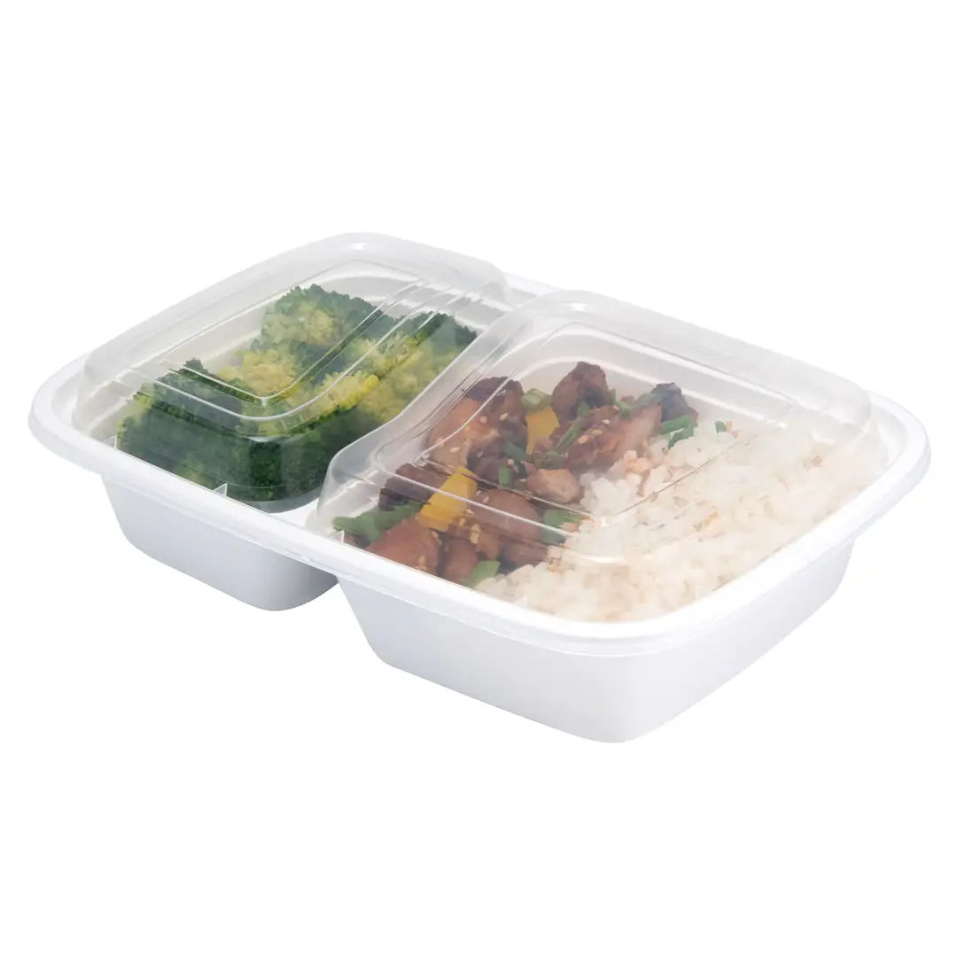 RE-232 | HD 32oz PP White Rectangular Container W/ Lid | 2 Compartment - with food