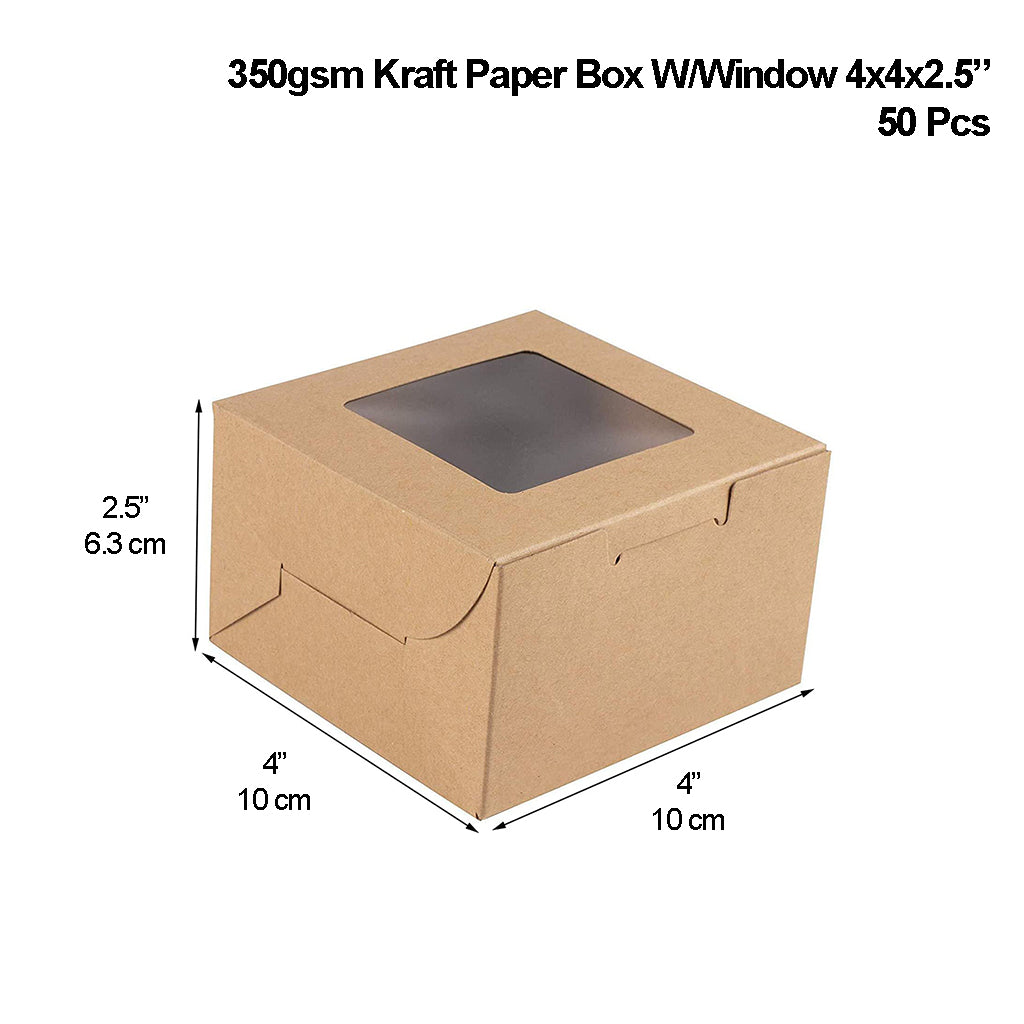 Boîte à pâtisserie carrée en papier Kraft avec fenêtre | 4x4x2,5" - 100 pièces