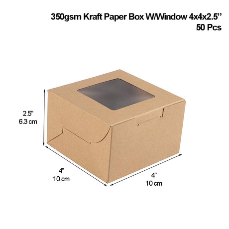 Boîte à pâtisserie carrée en papier Kraft avec fenêtre | 4x4x2,5" - 100 pièces