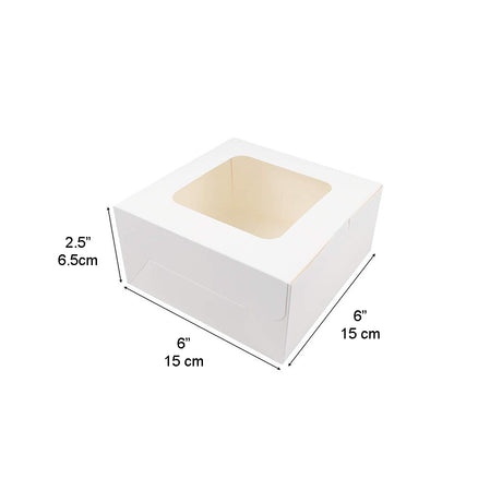 Boîte à pâtisserie carrée blanche en papier à gâteau avec fenêtre | 6x6x2,5" - 100 pièces