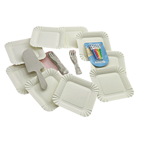 Vaisselle d'anniversaire compostable Combo | 1 couteau à paillettes, 10 assiettes en papier, 10 fourchettes à paillettes et 10 bougies - 100 ensembles