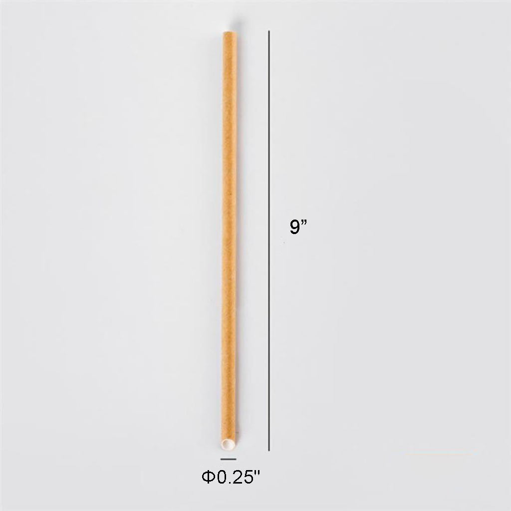 Size specifications for 6x230mm diagonal cut kraft paper straw showing dimensions and individually wrapped packaging