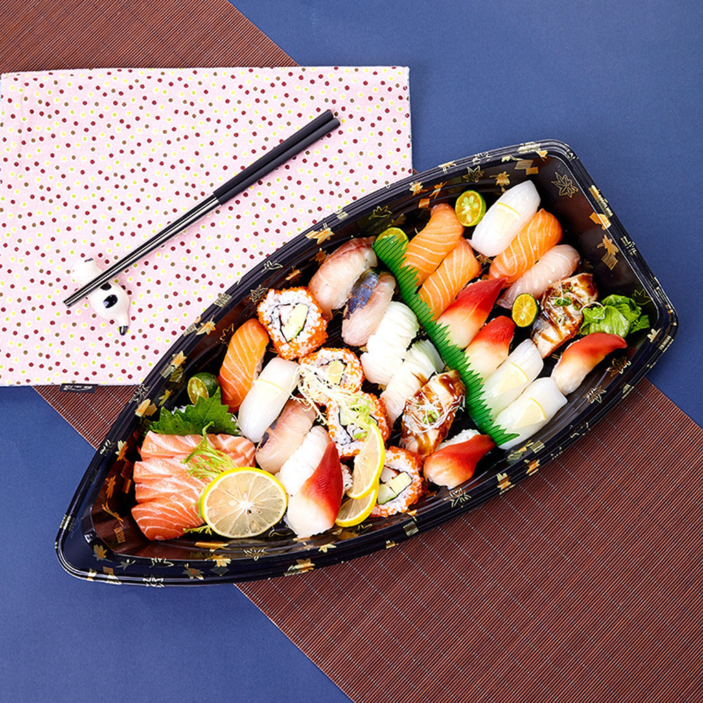 #7102 PET | Medium Maple Pattern Boat Sushi Tray W/ Lid - 100 Sets - HD Bio Packaging