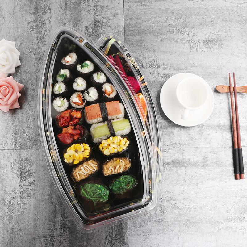#7102 PET | Medium Maple Pattern Boat Sushi Tray W/ Lid - 100 Sets - HD Bio Packaging