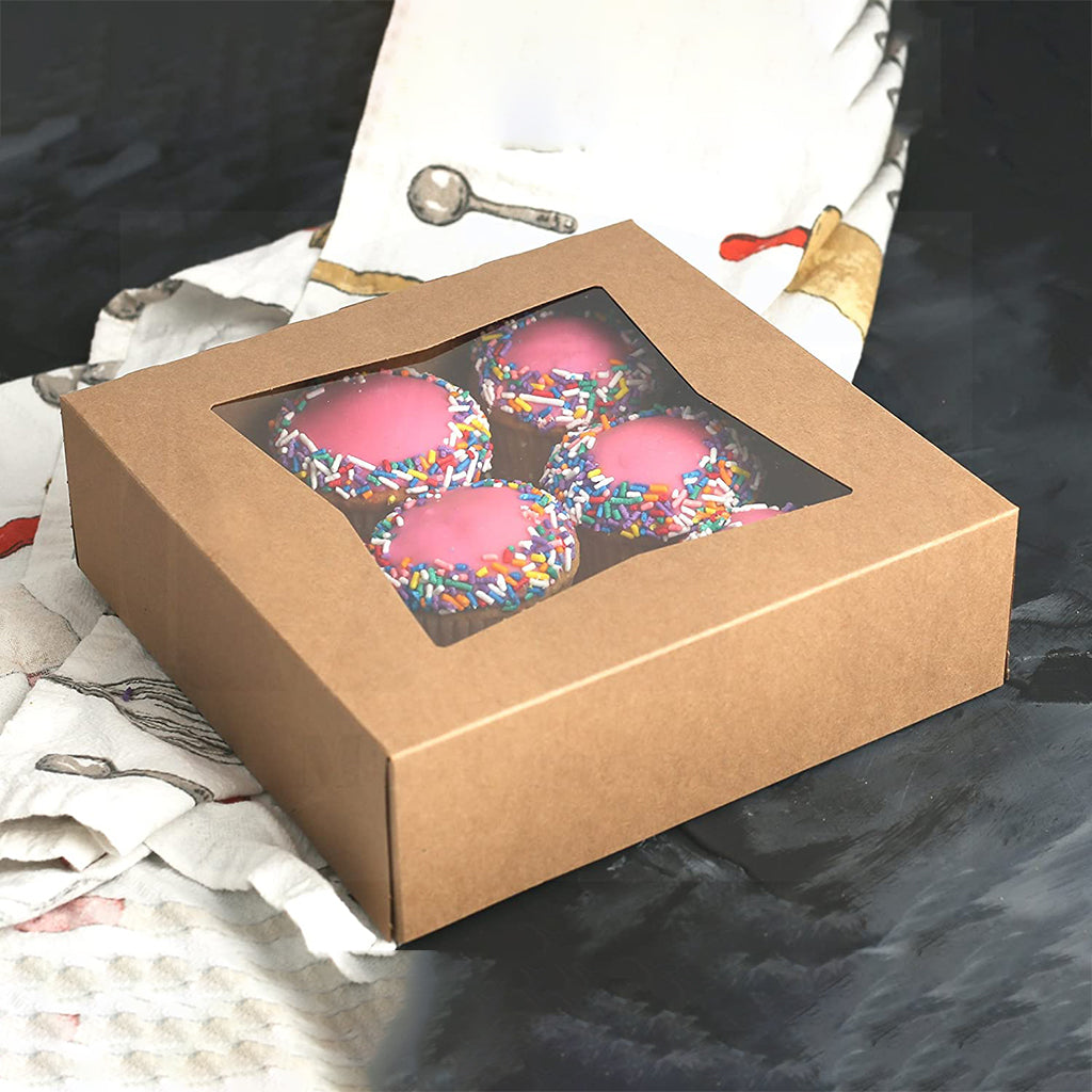 Kraft Cake Paper Box W/ Window with cupcakes inside