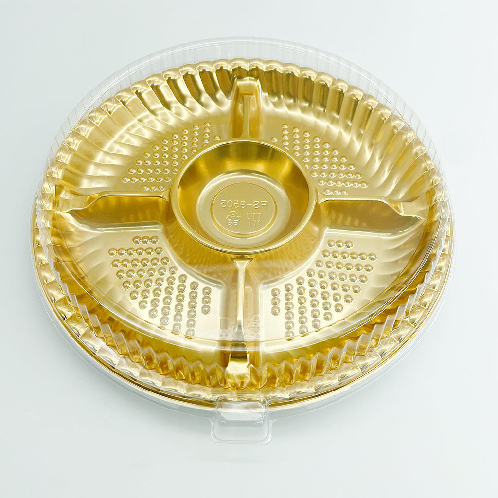 #9505 | Contenant rond doré de 9,5 po avec couvercle transparent | 5 compartiments - 100 ensembles
