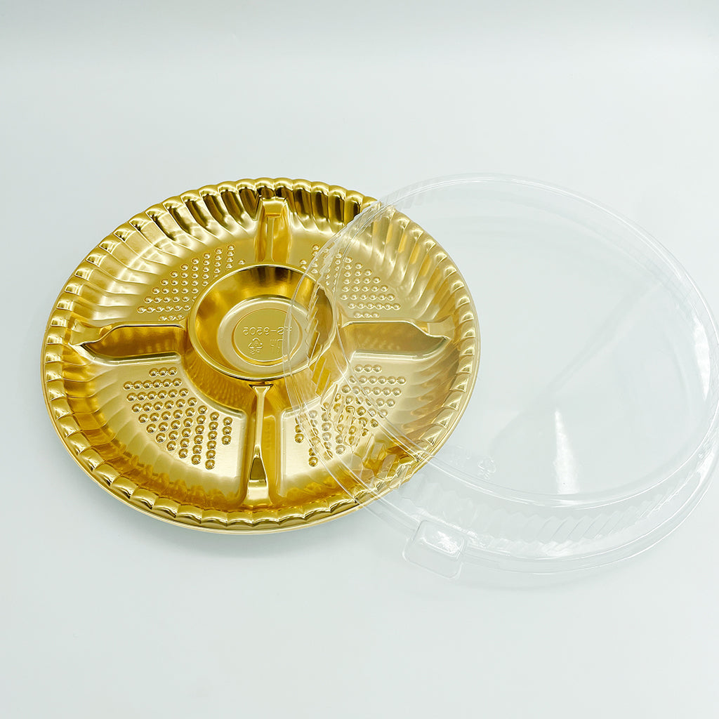 #9505 | Contenant rond doré de 9,5 po avec couvercle transparent | 5 compartiments - 100 ensembles