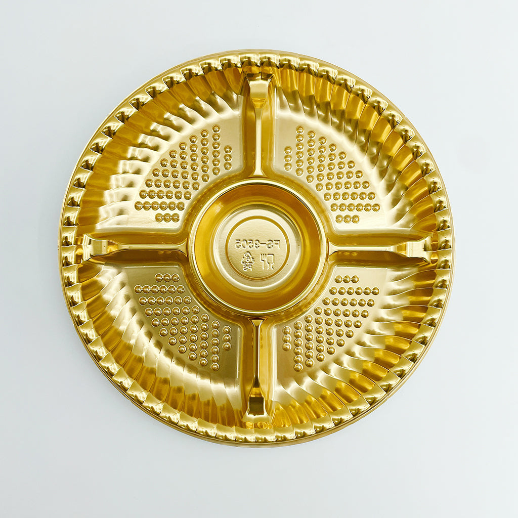 #9505 | Contenant rond doré de 9,5 po avec couvercle transparent | 5 compartiments - 100 ensembles