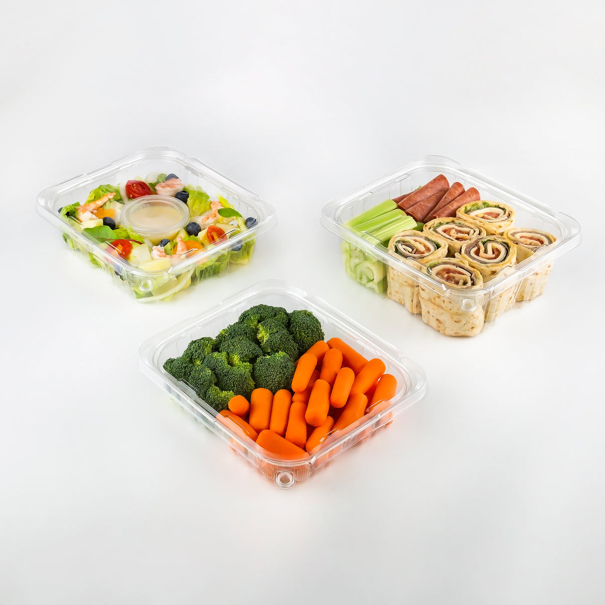 PLS-64 | 64oz PET Clear Rectangular Hinged Safety Lock Salad Container - with food