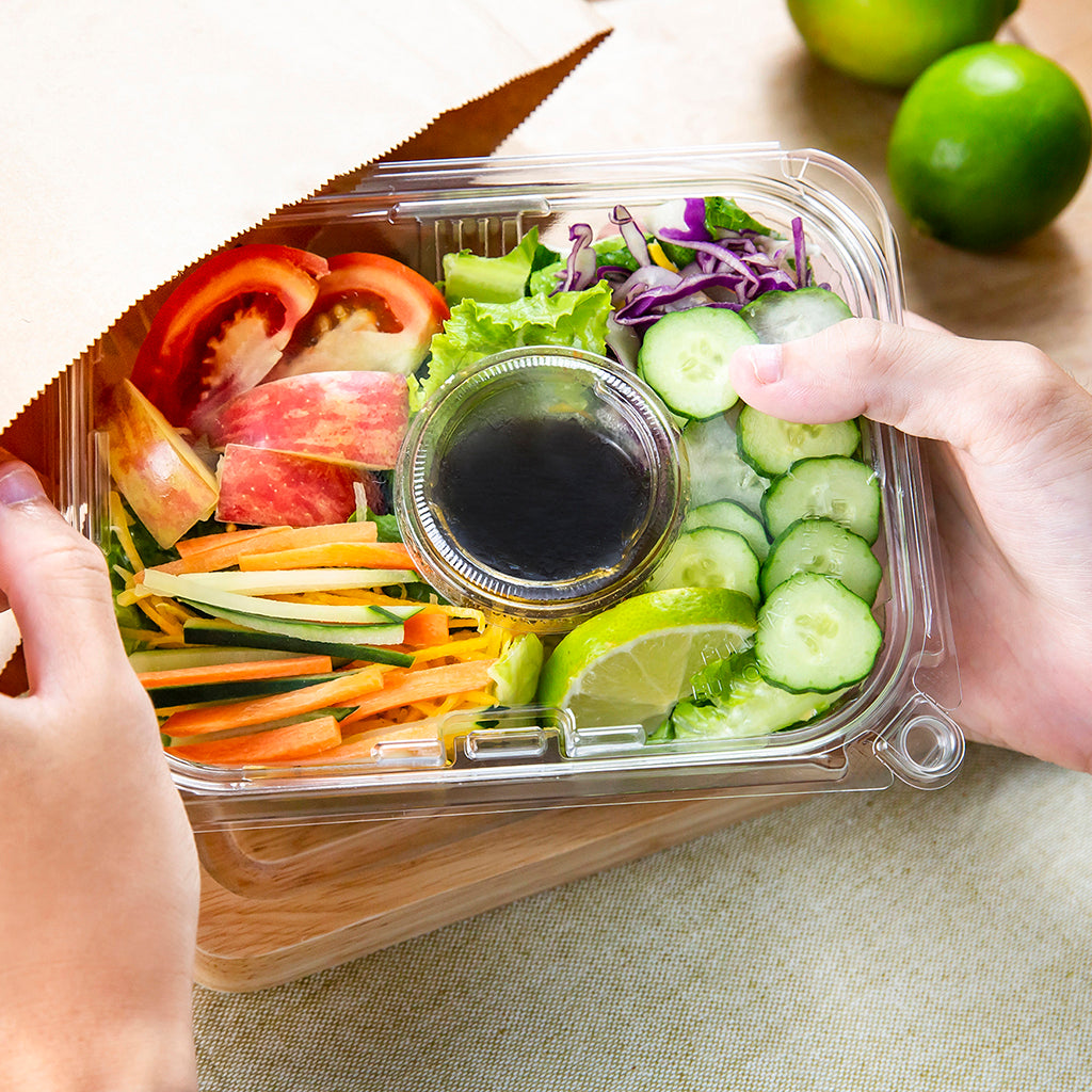 PLS-24 | 24oz PET Clear Rectangular Hinged Safety Lock Salad Container - with food
