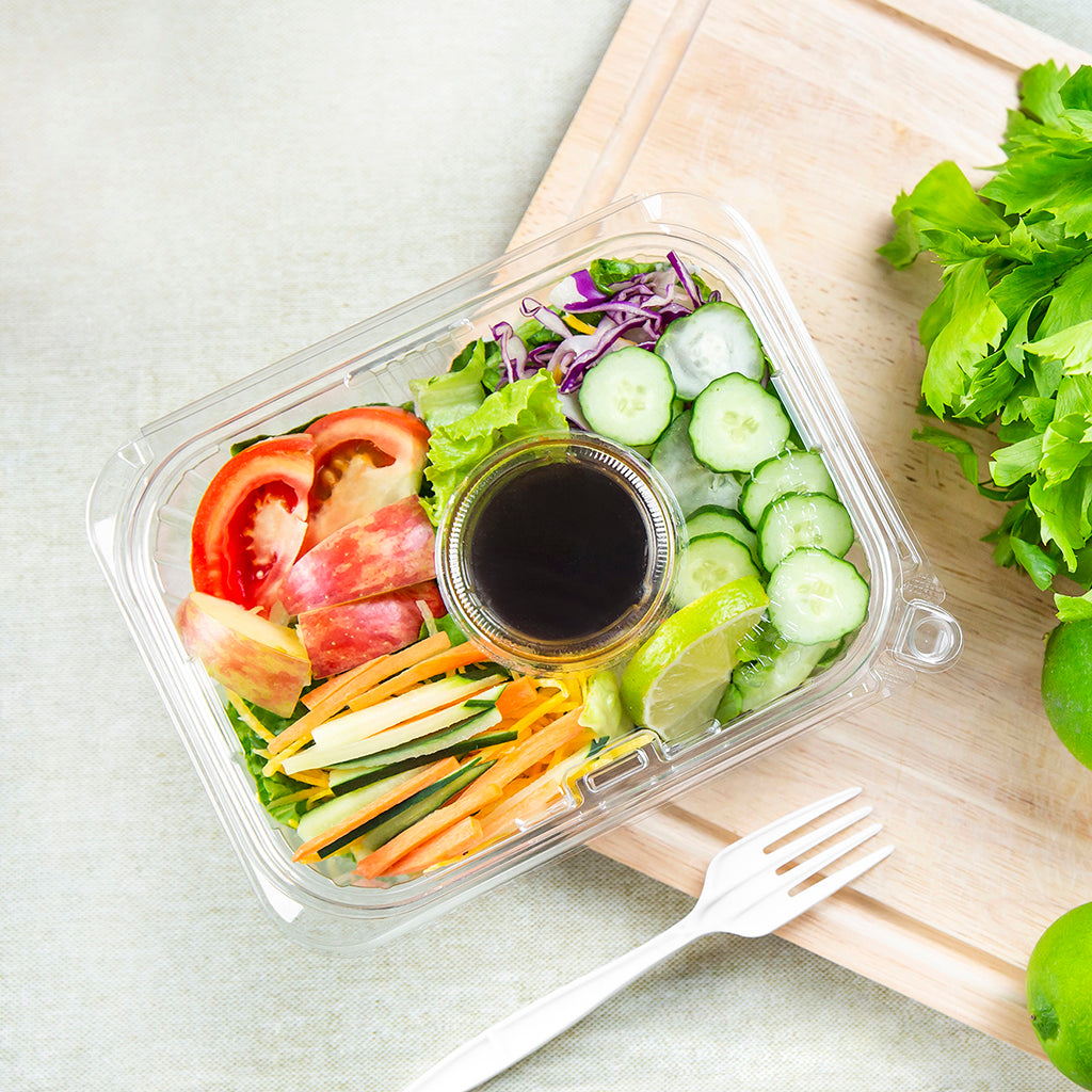 PLS-24 | 24oz PET Clear Rectangular Hinged Safety Lock Salad Container - with salad and sauce