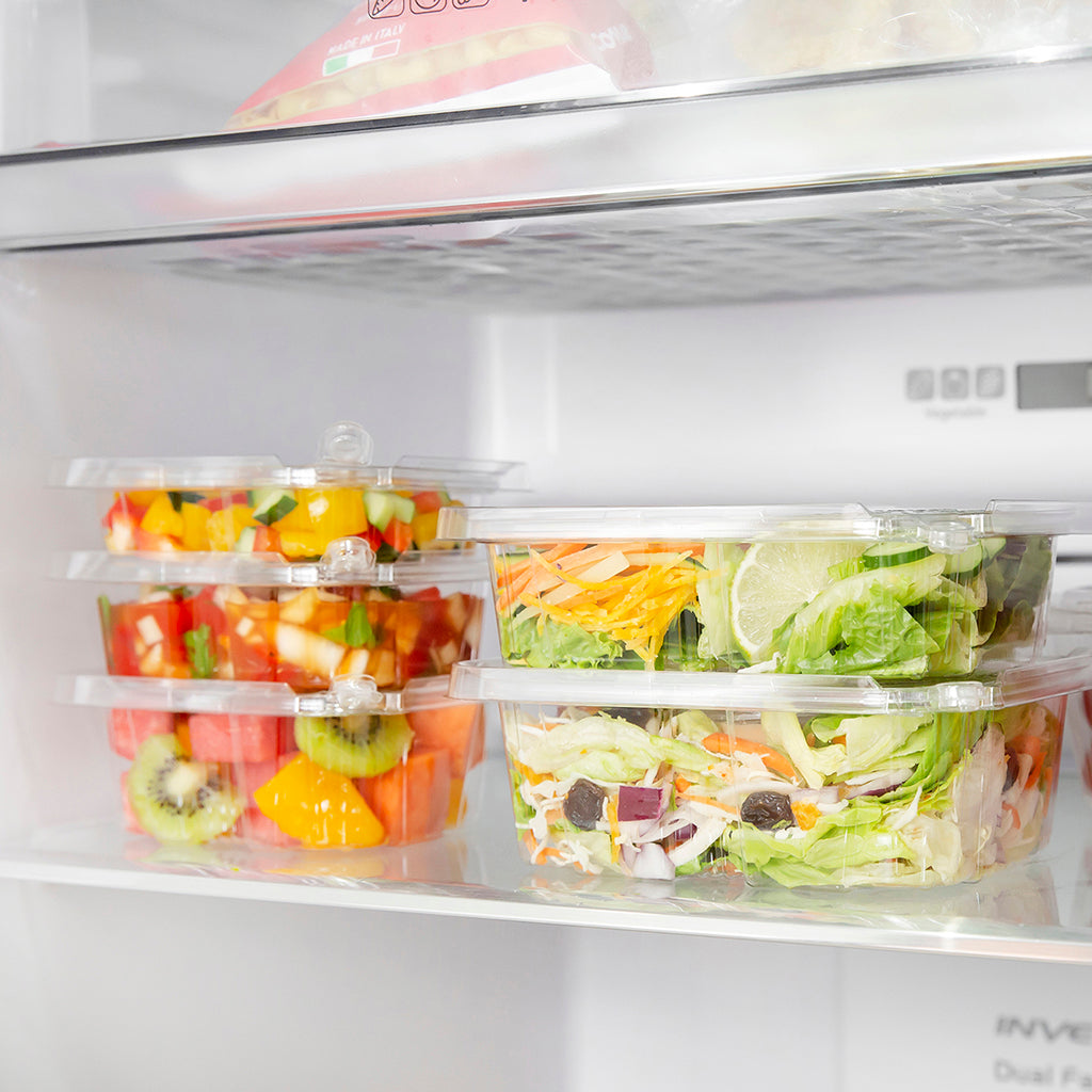 PLS-32 | 32oz PET Clear Rectangular Hinged Safety Lock Salad Container - in fridge