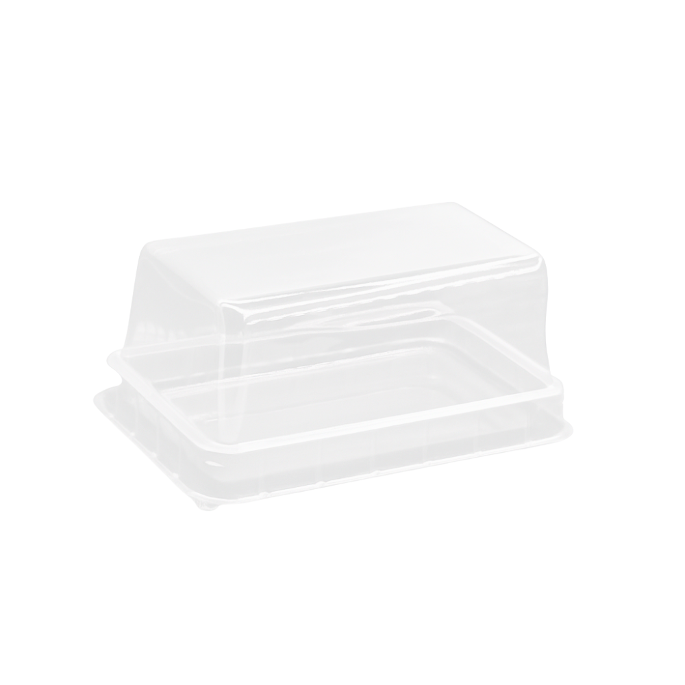 Plastic bakery container for swiss rolls in a grey background