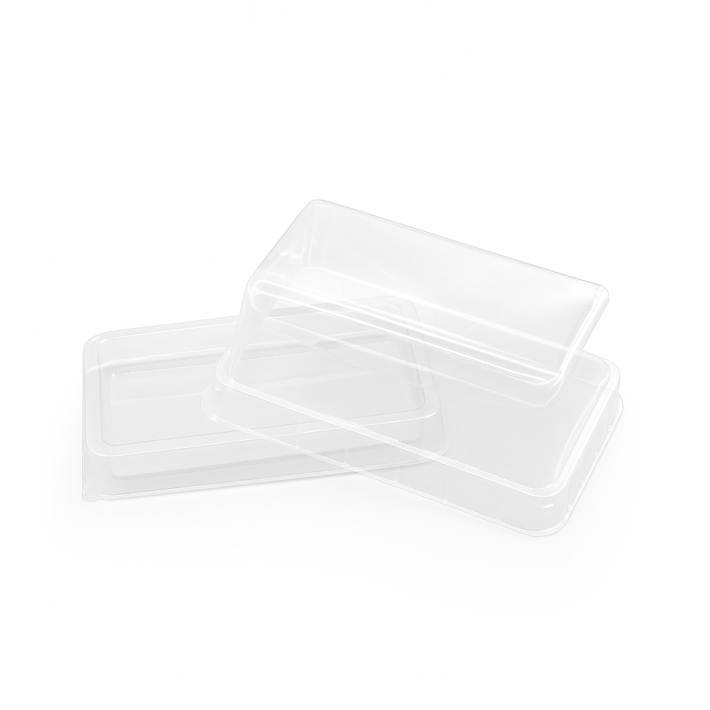 Plastic bakery container for swiss rolls opened
