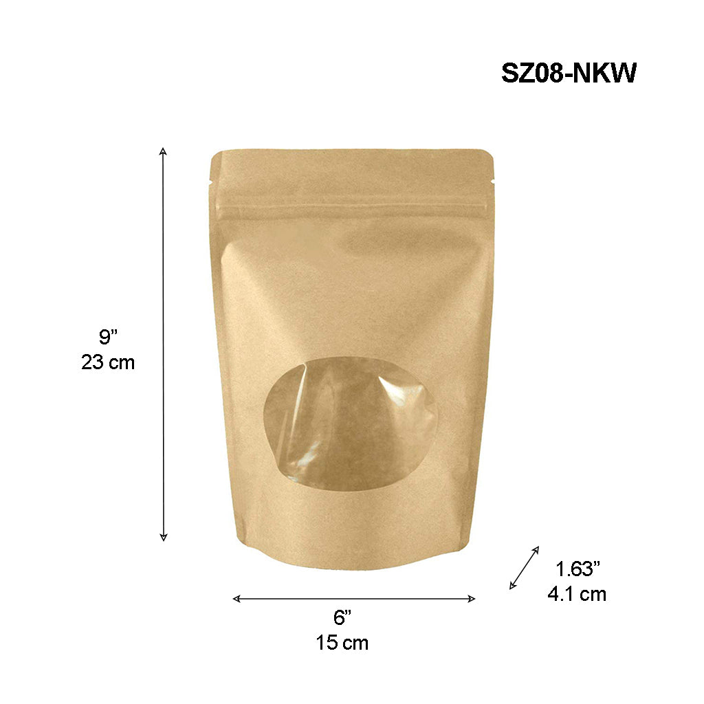 8 OZ Stand-up Zip-lock Pouch with Oval Window with size description