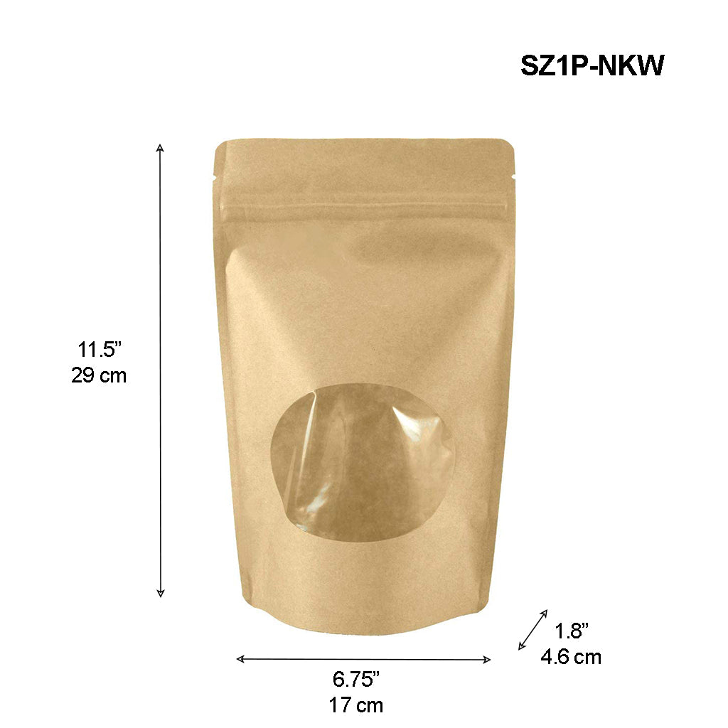 SZ1P-NKW | 1lb Stand-up Zip-lock Kraft Paper Pouch W/ Oval Window | 6.75x1.8x11.5"