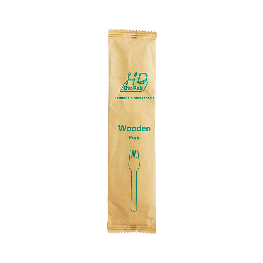 Fourchette en bois compostable emballée individuellement dans du papier de 6,2 po - 1000 pièces