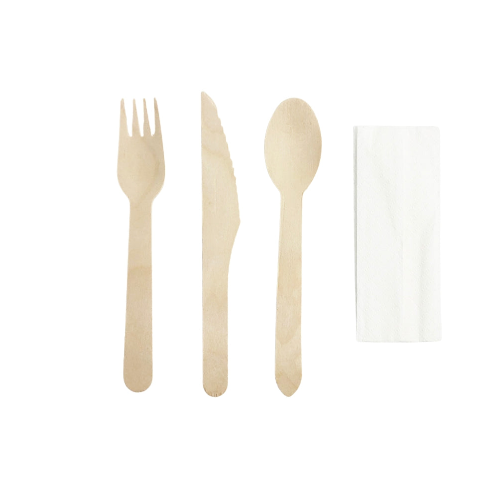 Ensemble de vaisselle jetable en bois emballé individuellement dans du papier | Couteau/Fourchette/Cuillère/Serviette - 500 Ensembles