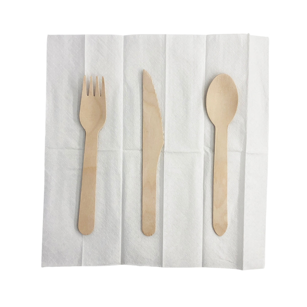 Ensemble de vaisselle jetable en bois emballé individuellement dans du papier | Couteau/Fourchette/Cuillère/Serviette - 500 Ensembles