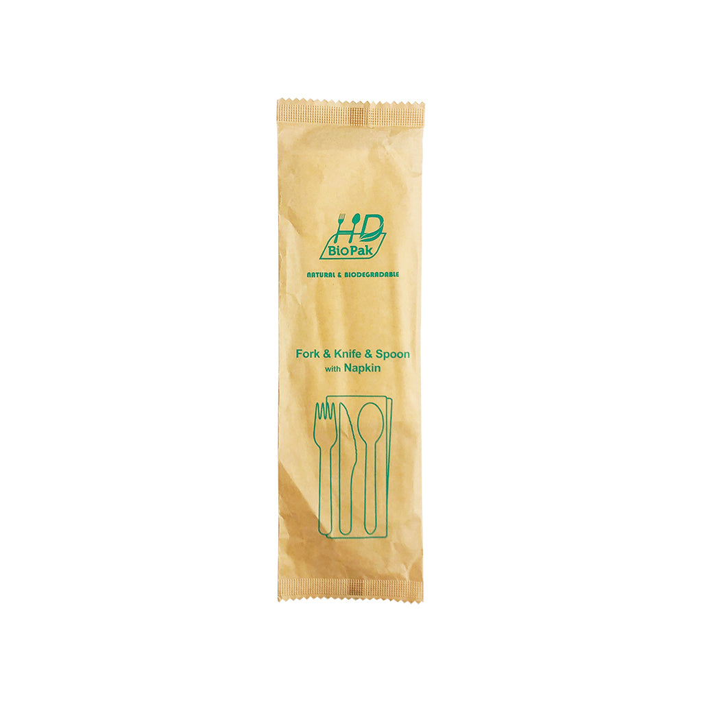 Ensemble de vaisselle jetable en bois emballé individuellement dans du papier | Couteau/Fourchette/Cuillère/Serviette - 500 Ensembles