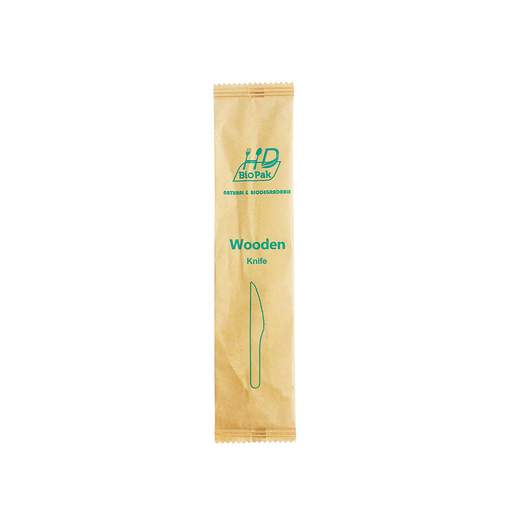 Couteau en bois compostable emballé individuellement dans du papier de 6,5 po - 1000 pièces