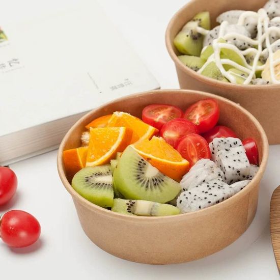 32oz Eco-friendly Kraft Round Paper Bowl (Base Only) with salad inside