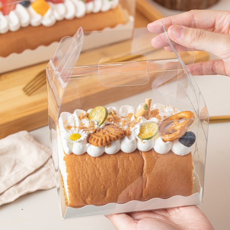 Small Clear Cake Roll Box W/ Handle & Paper Base | 5.31x3.14x6.49"