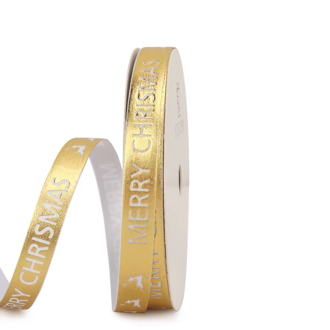 0.39" Golden Merry Christmas Ribbon | 10 Yards - 1 roll