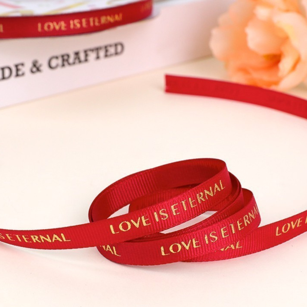 0.39" Love Is Eternal Red Fabric Ribbon | 50 Yards - detail