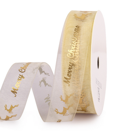 0.79" Golden Merry Christmas Reindeer Organza Ribbon | 10 Yards - size