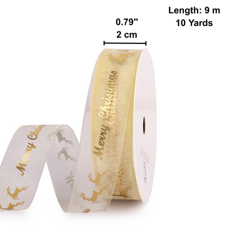 0.79" Golden Merry Christmas Reindeer Organza Ribbon | 10 Yards - 1 Roll