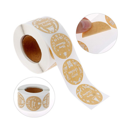 1.5" Kraft Merry Christmas Round Sticker | 4 Style - 500 Pcs (1 Roll)