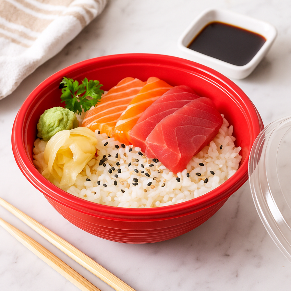 1000_34oz_PP_Red_Donburi_Bowl_W_PET_Clear_Lid with sushi