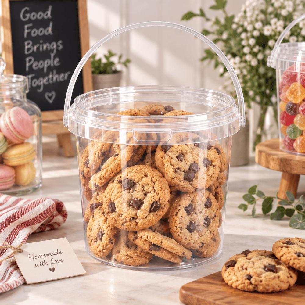 100oz PP Clear Dessert Food Storage Round Bucket W/ Lid & Handle - with cookie