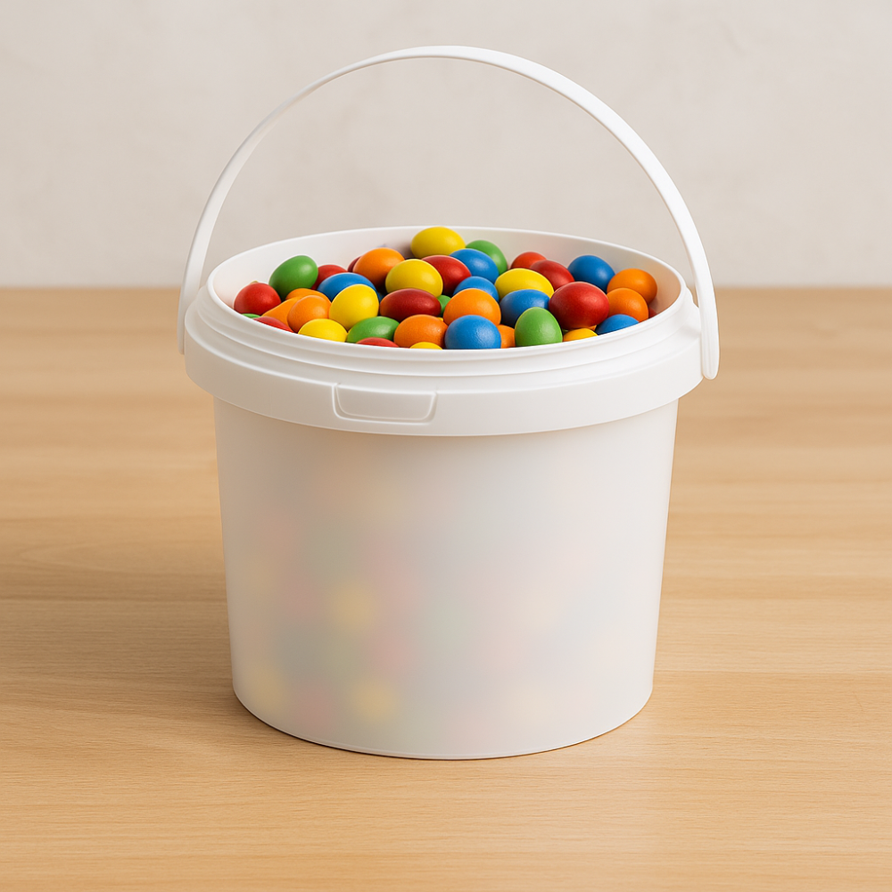100oz PP White Dessert Food Storage Round Bucket W/ Lid & Handle - with candy