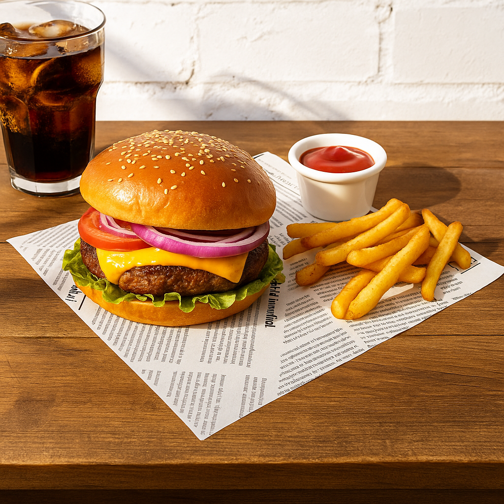 11.8x11.8" Grease Resistant Newsprint Liner Food Wrap Paper with burger and fries