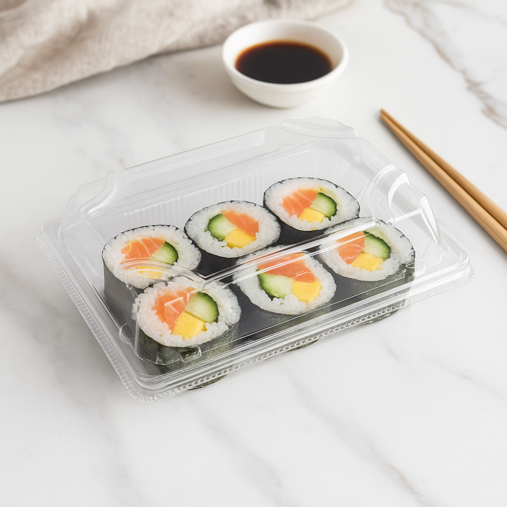 1103_PET_Clear_Sushi_Tray_W_Lid_6.5x4.53x1.89 with sushi