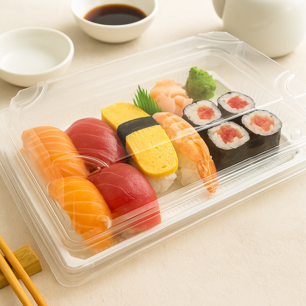 #1109 PET | Clear Sushi Tray W/ Lid | 9.45x5.9x1.77" with sushi