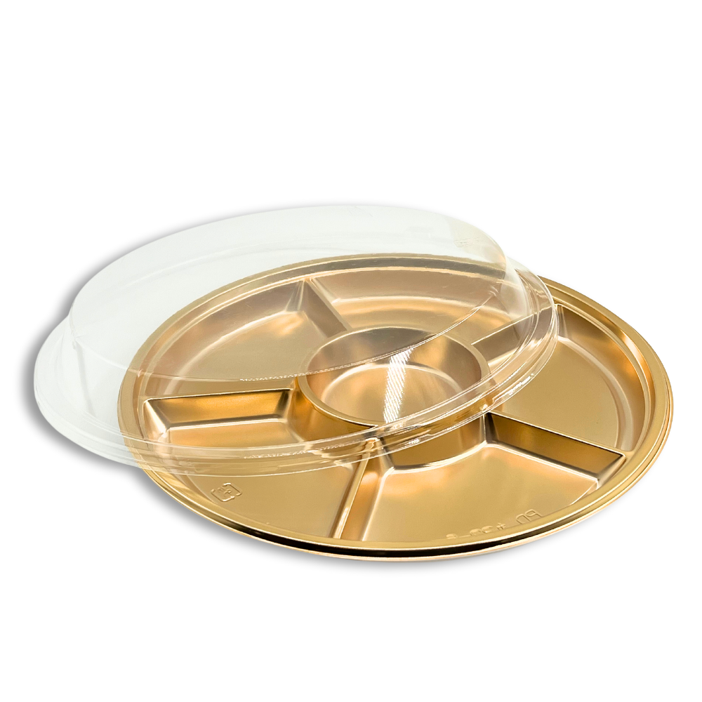 12.4" 6 Compartment Golden Plastic Round Container (Base Only) - With Lid Open