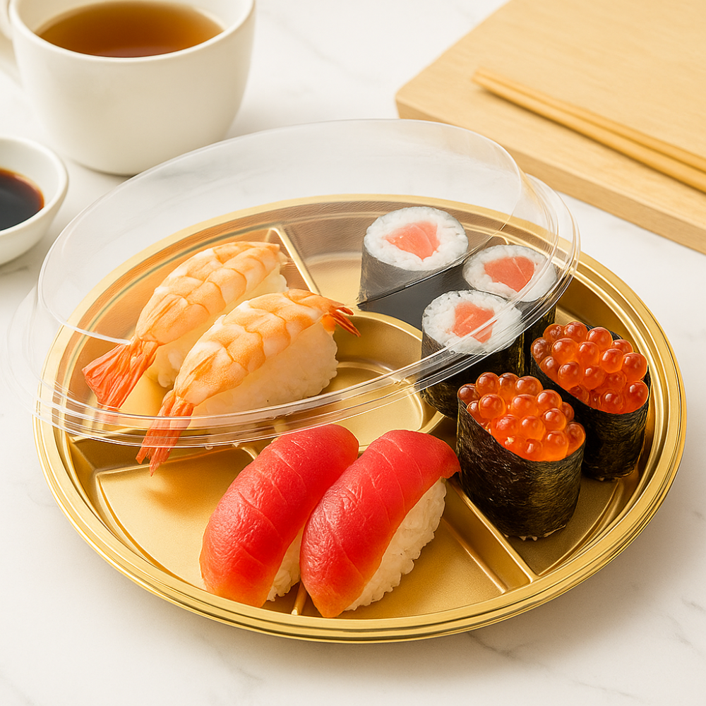 12.6_Golden_Plastic_Round_Container_6_Compartment_Base_Only with sushi