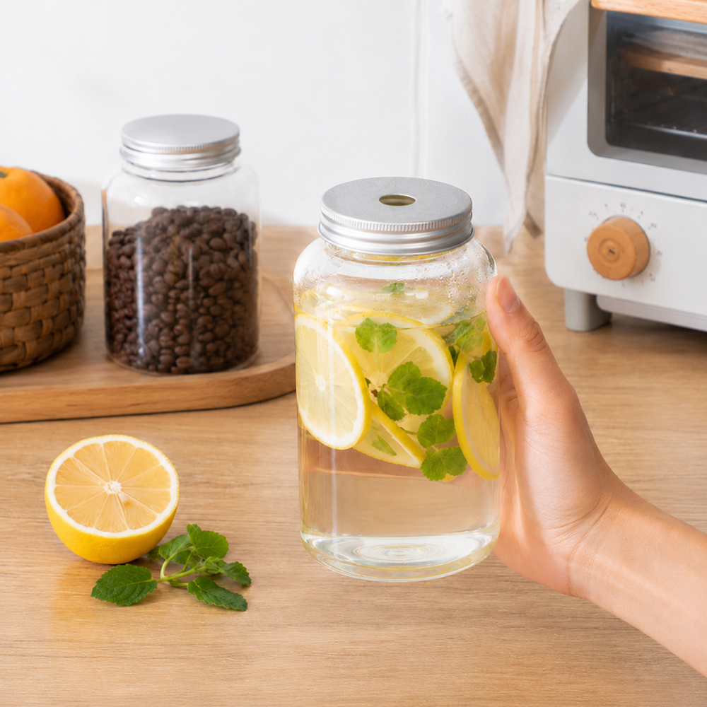 A hand holds a clear glass mason jar filled with lemon slices, mint leaves, and water on a wooden countertop. In the background, two glass storage jars with silver lids sit on a wooden tray next to an orange and a white toaster oven.