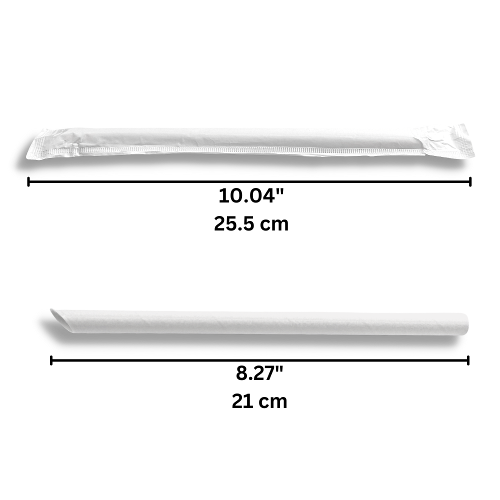 Size specifications for 12x210mm diagonal cut white paper straw showing dimensions and individually wrapped packaging