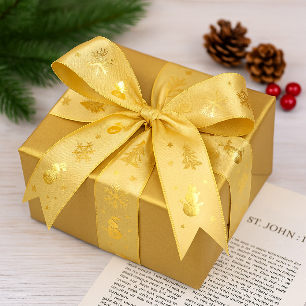 1" Golden Christmas Snowflakes Snowman Ribbon | 25 Yards - with box