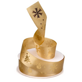 1" Golden Christmas Snowflakes Snowman Ribbon | 25 Yards - snowflakes